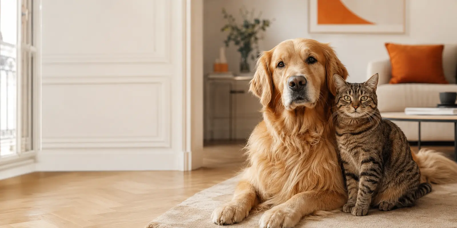 Un chien golden retriever et un chat tigré dans un intérieur lumineux