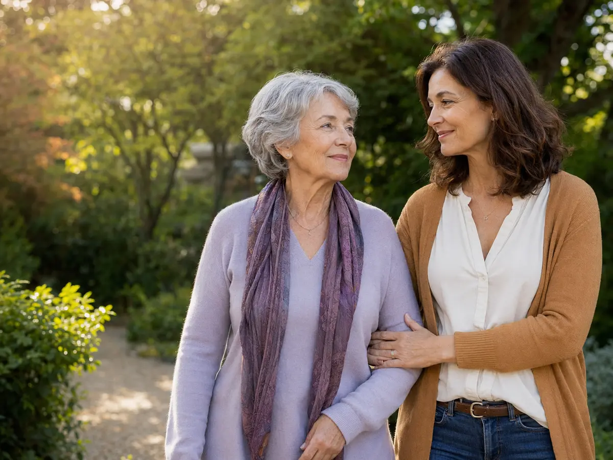 Une femme senior marche sereinement avec sa fille dans un jardin